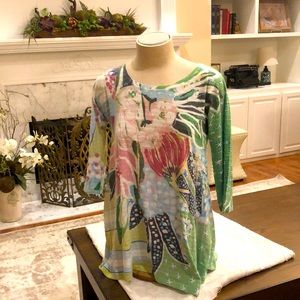Floral, 3/4 length sleeve, cotton swing top with scoop neckline. Light weight